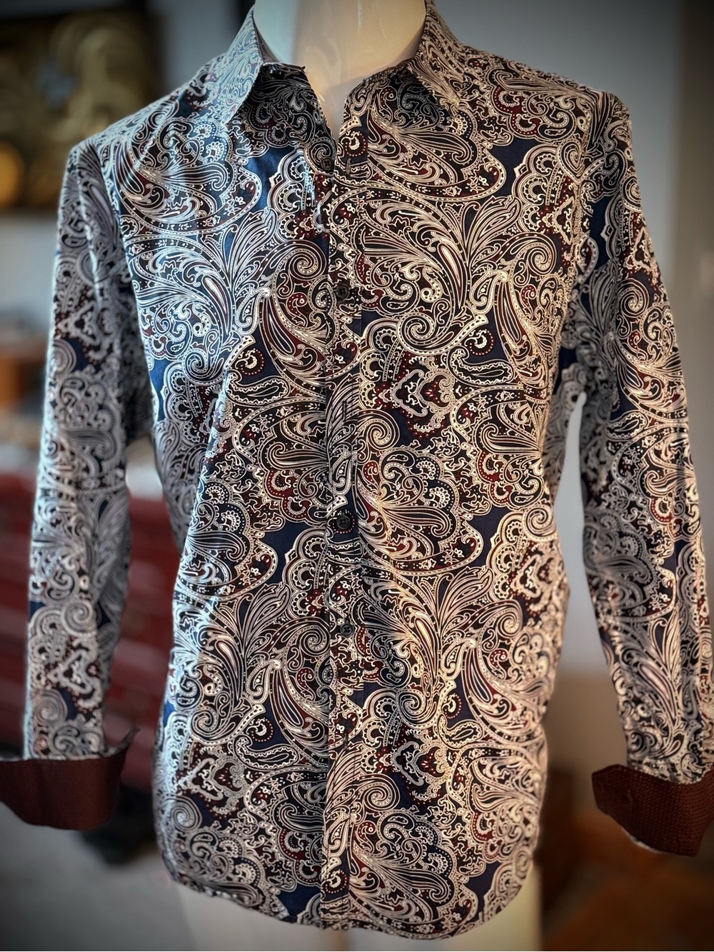 Structure Men's Paisley Button-Down Shirt in Navy, White and Burgundy